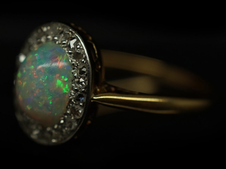 Edwardian 18ct Gold Opal & Rose Diamond Oval Cluster Ring