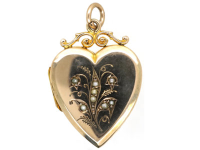 Edwardian 9ct Back & Front & Split Pearls Heart Locket with Lily of the Valley Motif