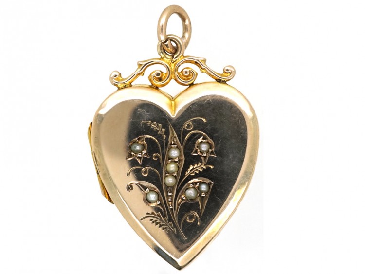 Edwardian 9ct Back & Front & Split Pearls Heart Locket with Lily of the Valley Motif