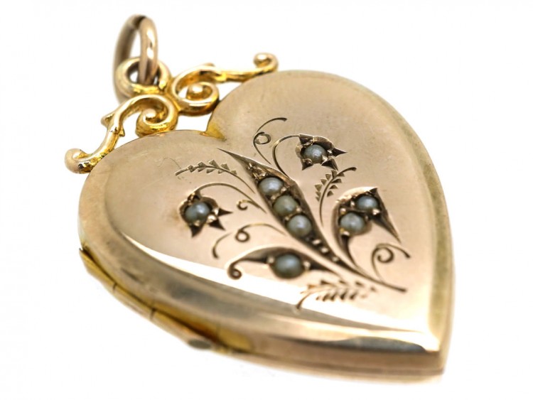 Edwardian 9ct Back & Front & Split Pearls Heart Locket with Lily of the Valley Motif