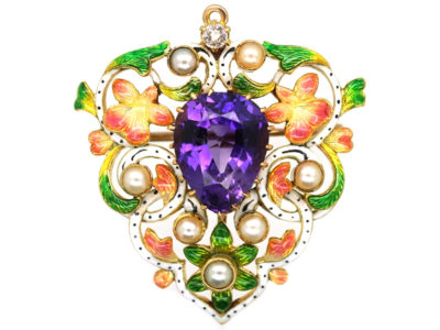 Victorian Jubilee Enamel Brooch / Pendant Set with Diamond, Amethyst & Natural Pearls