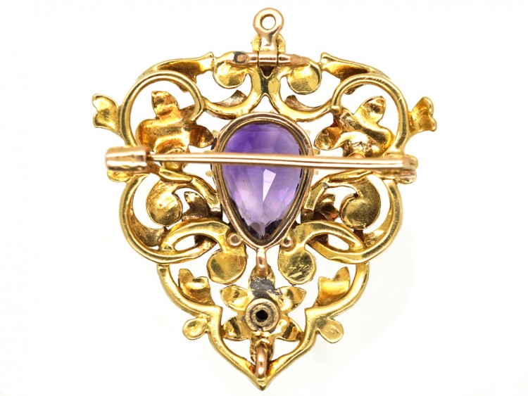 Victorian Jubilee Enamel Brooch / Pendant Set with Diamond, Amethyst & Natural Pearls