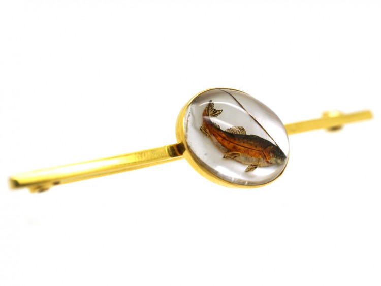 Edwardian 9ct Gold Reverse Intaglio Rock Crystal Brooch of a Trout on a Line