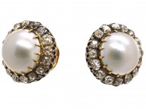 Edwardian Large 18ct Gold Pearl & Diamond Cluster Earrings