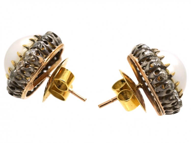 Edwardian Large 18ct Gold Pearl & Diamond Cluster Earrings