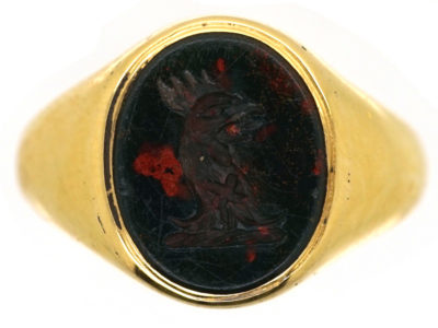Late Victorian 18ct Gold & Bloodstone Signet Ring With a Cockerel Intaglio