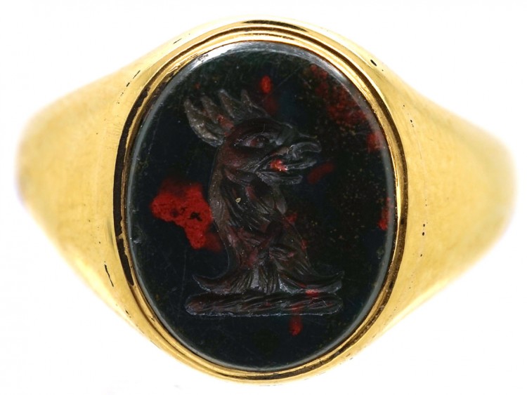 Late Victorian 18ct Gold & Bloodstone Signet Ring With a Cockerel Intaglio