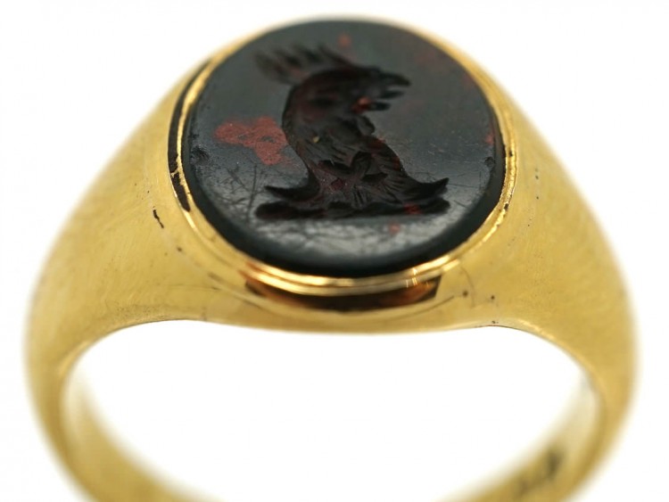 Late Victorian 18ct Gold & Bloodstone Signet Ring With a Cockerel Intaglio