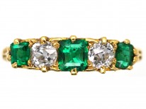 Victorian 18ct Gold, Emerald & Diamond Five Stone Carved Half Hoop Ring