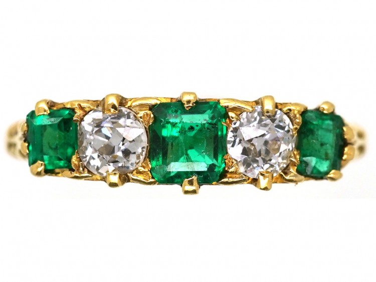 Victorian 18ct Gold, Emerald & Diamond Five Stone Carved Half Hoop Ring