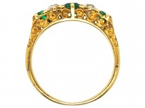 Victorian 18ct Gold, Emerald & Diamond Five Stone Carved Half Hoop Ring