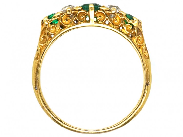 Victorian 18ct Gold, Emerald & Diamond Five Stone Carved Half Hoop Ring