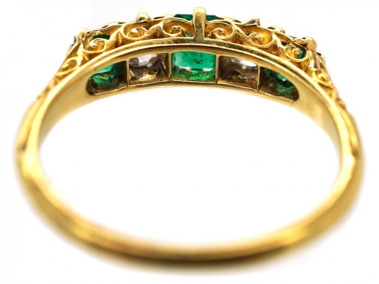 Victorian 18ct Gold, Emerald & Diamond Five Stone Carved Half Hoop Ring