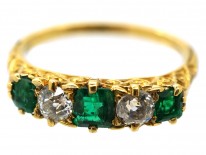 Victorian 18ct Gold, Emerald & Diamond Five Stone Carved Half Hoop Ring