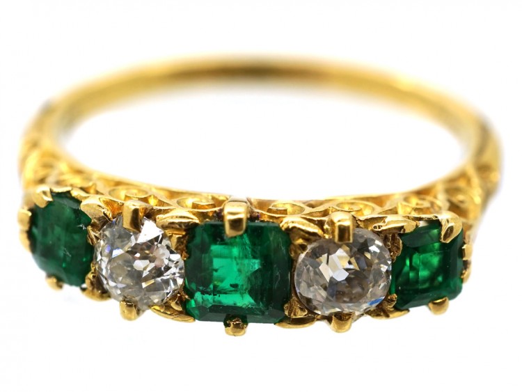 Victorian 18ct Gold, Emerald & Diamond Five Stone Carved Half Hoop Ring