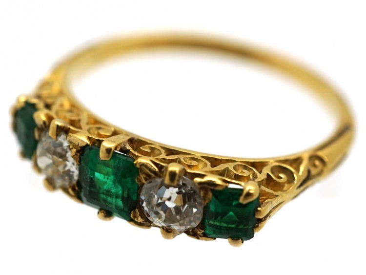 Victorian 18ct Gold, Emerald & Diamond Five Stone Carved Half Hoop Ring