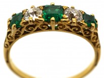 Victorian 18ct Gold, Emerald & Diamond Five Stone Carved Half Hoop Ring