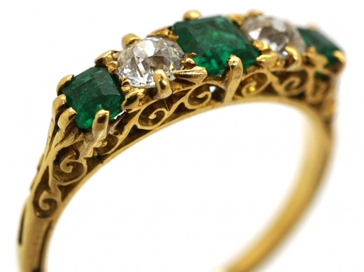 Victorian 18ct Gold, Emerald & Diamond Five Stone Carved Half Hoop Ring