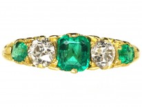Victorian 18ct Gold, Emerald & Diamond Five Stone Carved Half Hoop Ring