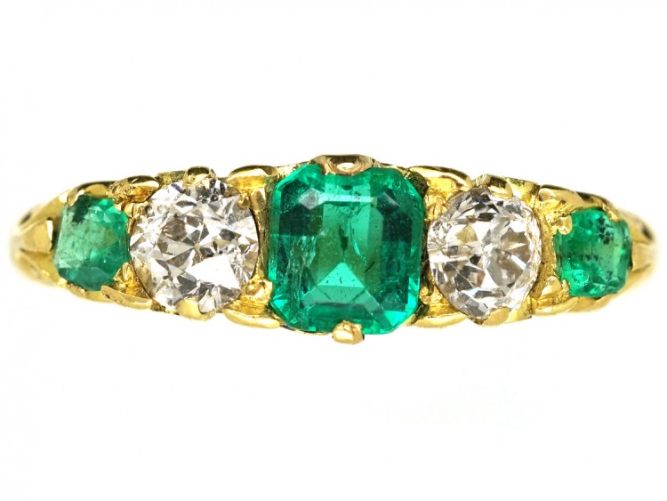 Victorian 18ct Gold, Emerald & Diamond Five Stone Carved Half Hoop Ring