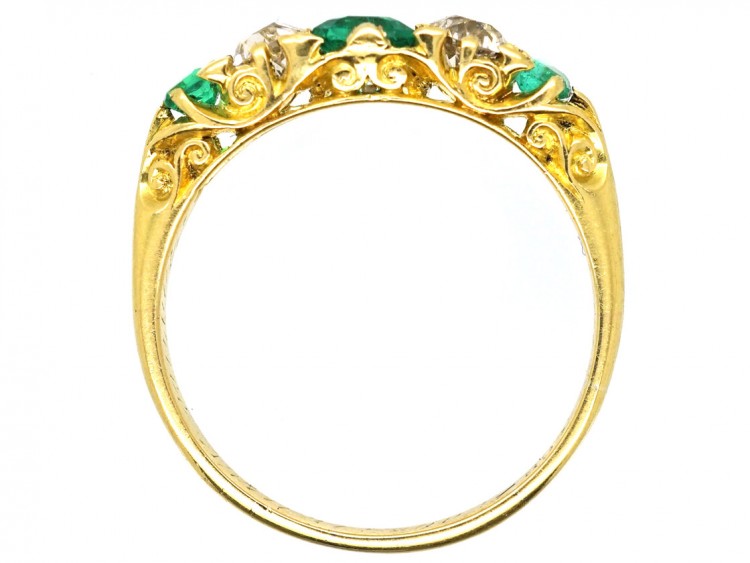 Victorian 18ct Gold, Emerald & Diamond Five Stone Carved Half Hoop Ring