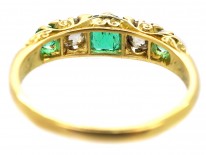 Victorian 18ct Gold, Emerald & Diamond Five Stone Carved Half Hoop Ring