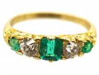 Victorian 18ct Gold, Emerald & Diamond Five Stone Carved Half Hoop Ring