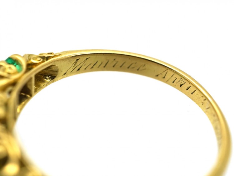 Victorian 18ct Gold, Emerald & Diamond Five Stone Carved Half Hoop Ring