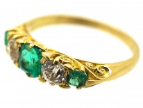 Victorian 18ct Gold, Emerald & Diamond Five Stone Carved Half Hoop Ring