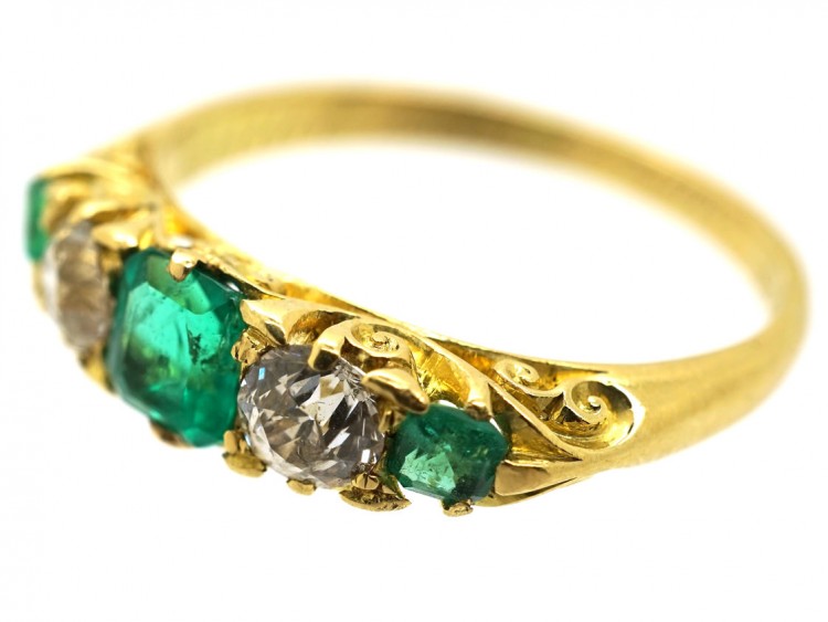 Victorian 18ct Gold, Emerald & Diamond Five Stone Carved Half Hoop Ring