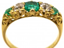 Victorian 18ct Gold, Emerald & Diamond Five Stone Carved Half Hoop Ring