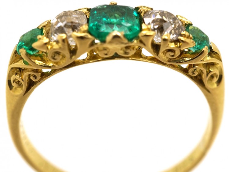 Victorian 18ct Gold, Emerald & Diamond Five Stone Carved Half Hoop Ring