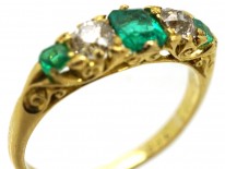 Victorian 18ct Gold, Emerald & Diamond Five Stone Carved Half Hoop Ring