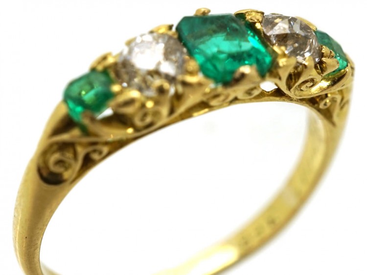 Victorian 18ct Gold, Emerald & Diamond Five Stone Carved Half Hoop Ring