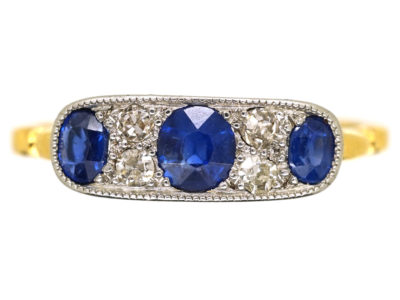 Art Deco 18ct Gold, Platinum & Three Stone Sapphire & Diamond Ring