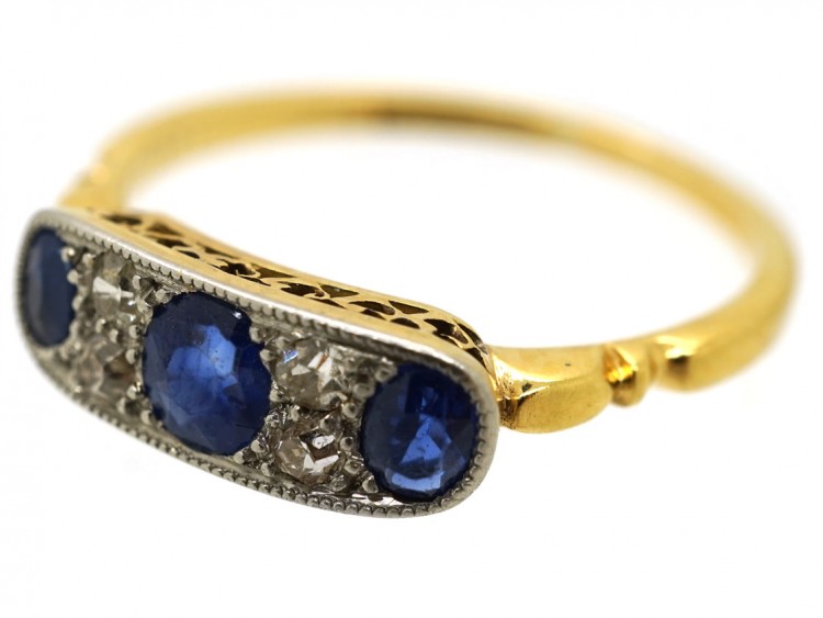 Art Deco 18ct Gold, Platinum & Three Stone Sapphire & Diamond Ring