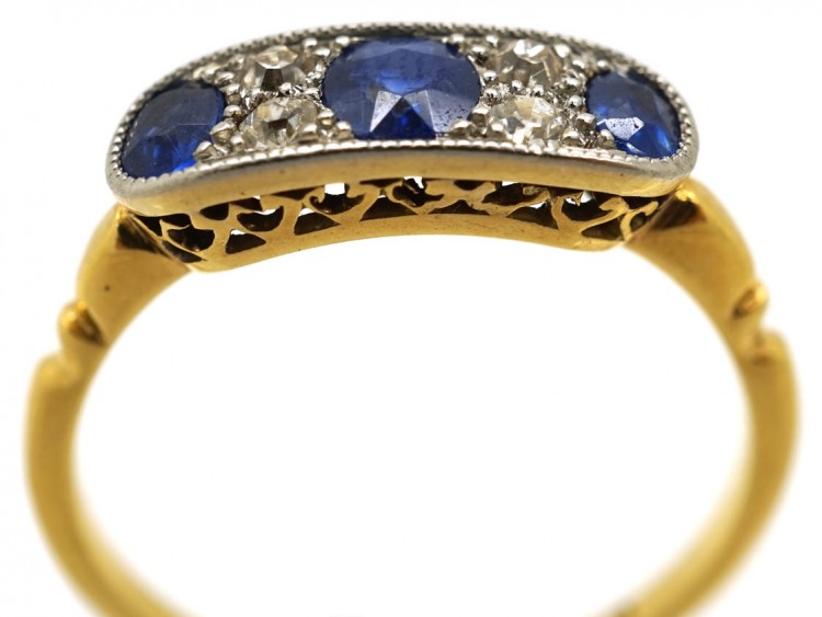 Art Deco 18ct Gold, Platinum & Three Stone Sapphire & Diamond Ring