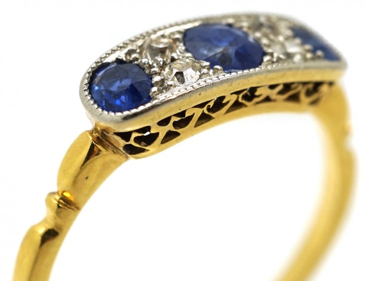 Art Deco 18ct Gold, Platinum & Three Stone Sapphire & Diamond Ring