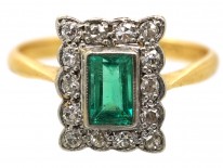 Art Deco 18ct Gold, Platinum & Emerald & Diamond Rectangular Ring
