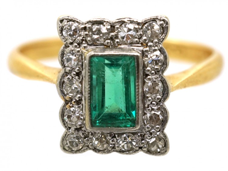 Art Deco 18ct Gold, Platinum & Emerald & Diamond Rectangular Ring