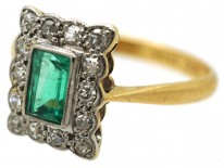 Art Deco 18ct Gold, Platinum & Emerald & Diamond Rectangular Ring