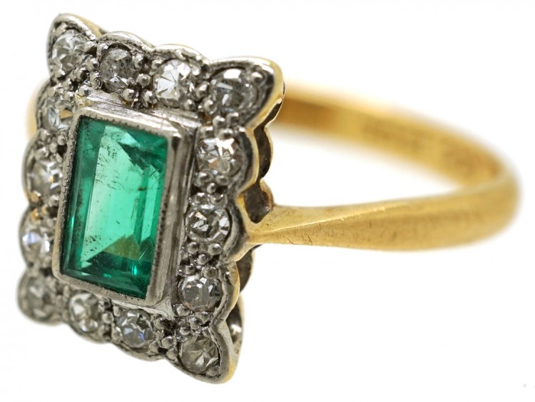 Art Deco 18ct Gold, Platinum & Emerald & Diamond Rectangular Ring