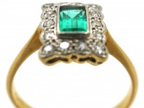 Art Deco 18ct Gold, Platinum & Emerald & Diamond Rectangular Ring
