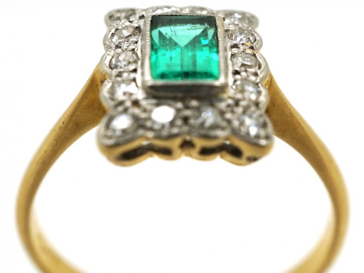 Art Deco 18ct Gold, Platinum & Emerald & Diamond Rectangular Ring