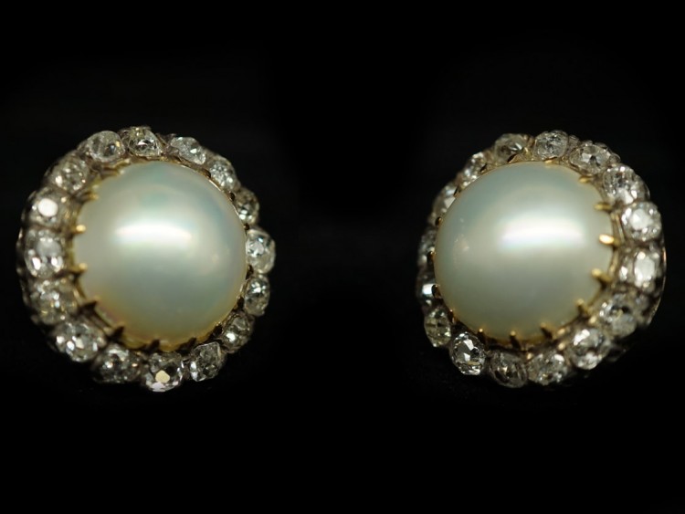 Edwardian Large 18ct Gold Pearl & Diamond Cluster Earrings