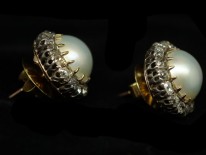 Edwardian Large 18ct Gold Pearl & Diamond Cluster Earrings