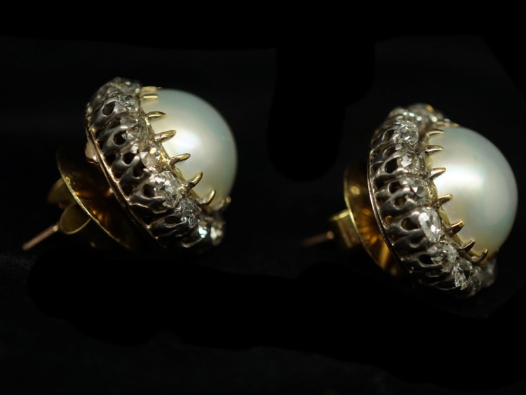 Edwardian Large 18ct Gold Pearl & Diamond Cluster Earrings
