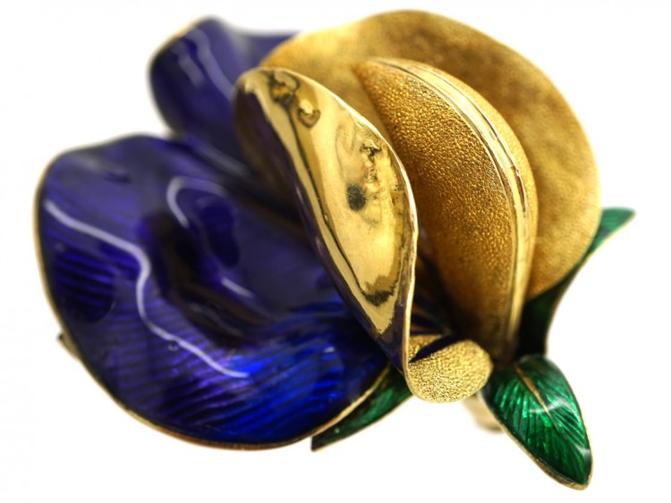 French 19th Century 18ct Gold & Enamel Sweet Pea Brooch in Original Case