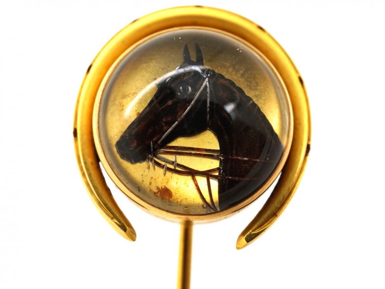 Large Victorian Reverse Intaglio Rock Crystal of a Horse's Head Tie Pin