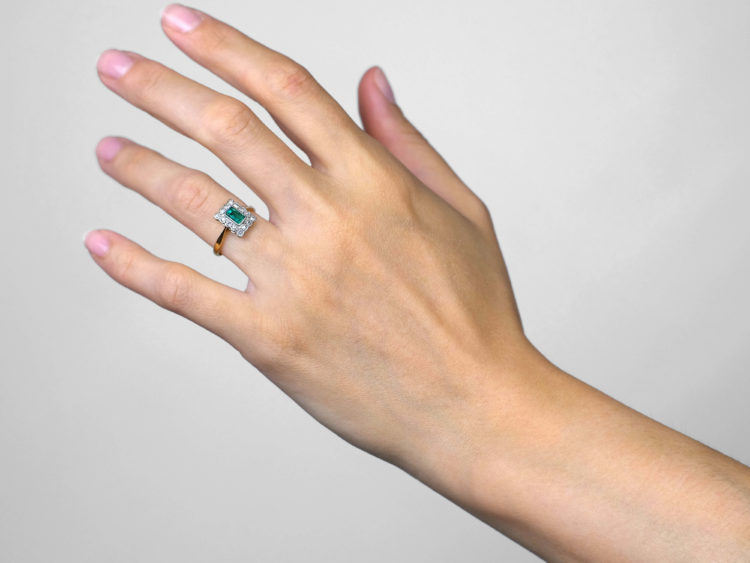 Art Deco 18ct Gold, Platinum & Emerald & Diamond Rectangular Ring